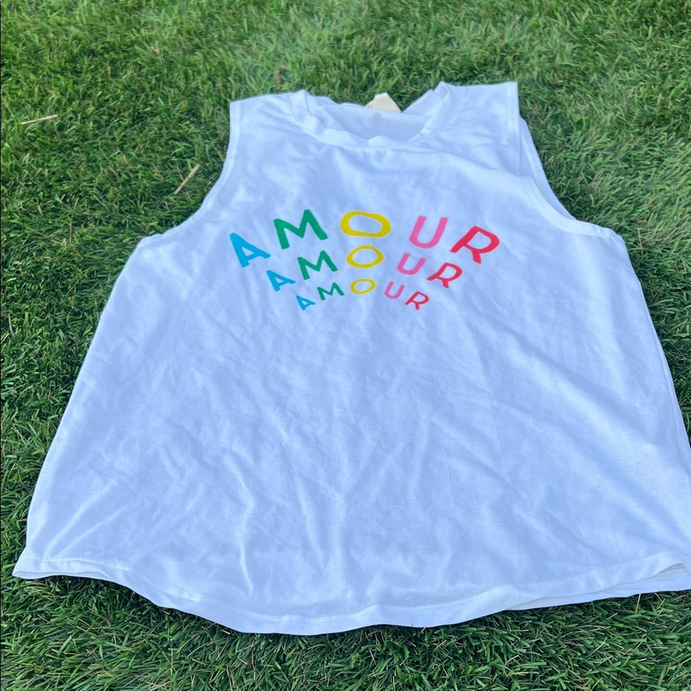 Spiritual Gangster White Tank Top with Colorful AMOUR Print size Small